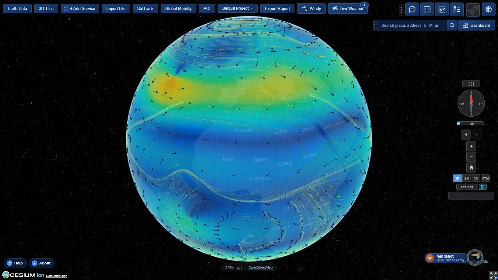 Live wind particle field on the globe