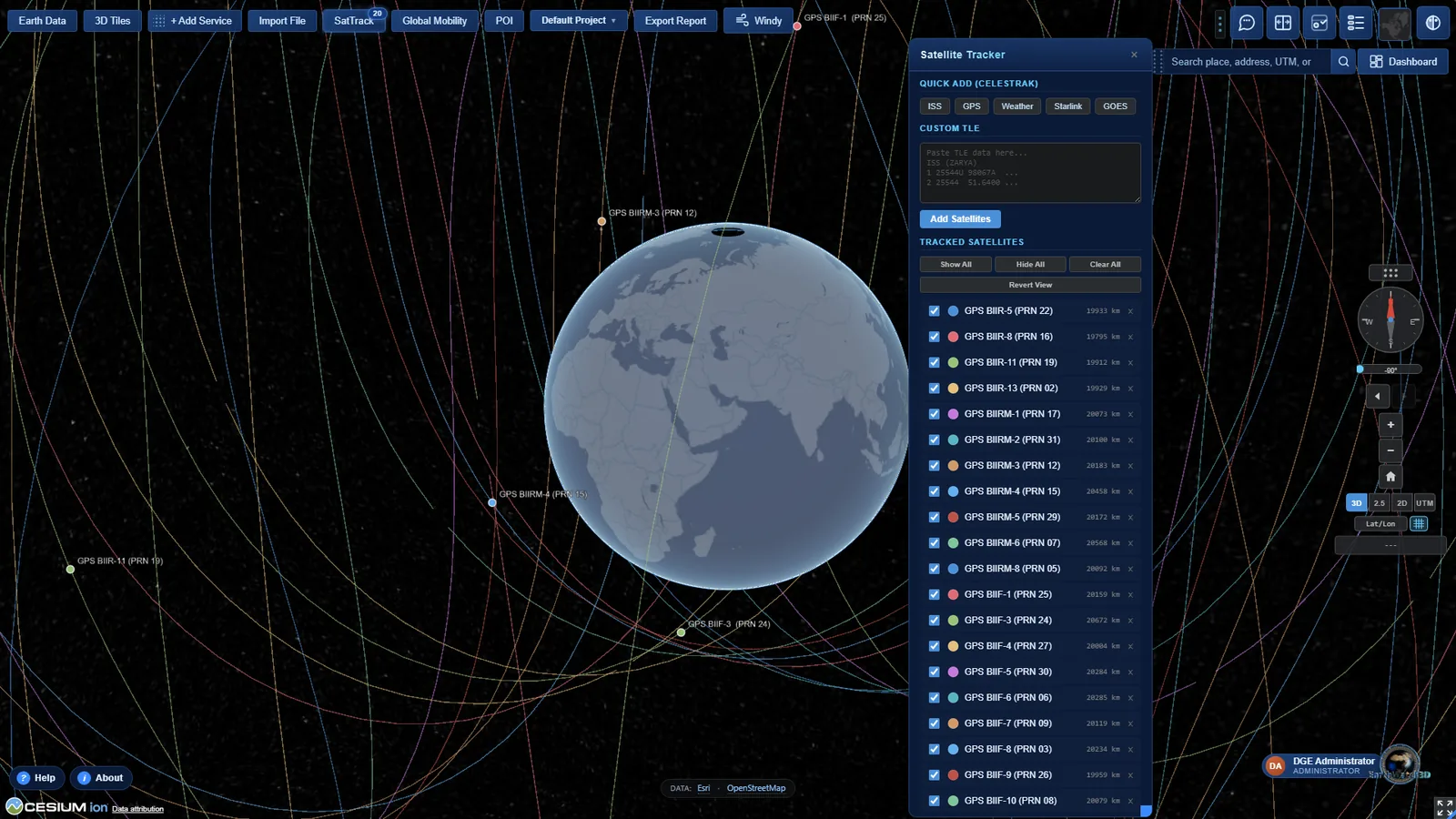 Satellite tracks propagated on the globe